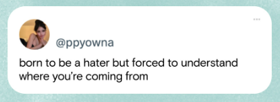 Ein Tweet zeigt den Text "born to be a hater but forced to understand where you’re coming from", gepostet von @ppyowna.