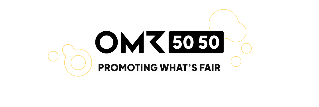 Das Bild zeigt das Logo von OMR 5050 mit dem Slogan "PROMOTING WHAT'S FAIR" auf schwarzem Hintergrund, umgeben von geometrischen Formen