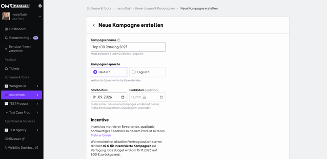 Das Formular „Neue Kampagne erstellen_ mit vorbelegtem Kampagnennamen, Sprache, Laufzeit, Incentive-Optionen und personalisierter Einladung