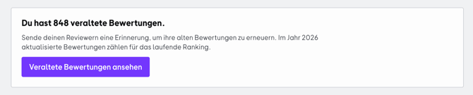 Die Karte unter der Ranking-Tabelle mit der Anzahl veralteter Bewertungen und dem Button „Veraltete Bewertungen ansehen_