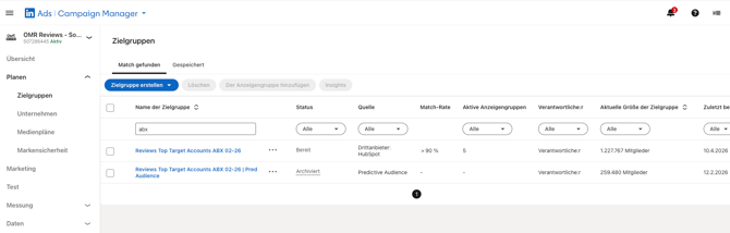 HubSpot Anzeigen → Zielgruppen_ synchronisierte Listen für LinkedIn ABM.