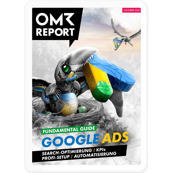 Cover Google Ads OMR Report. Irgendwas mit Zukunfts-Dinos