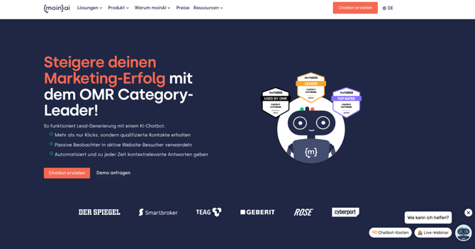 moinAI nutzt mehrere OMR-Auszeichnungen prominent in der Hero-Section.